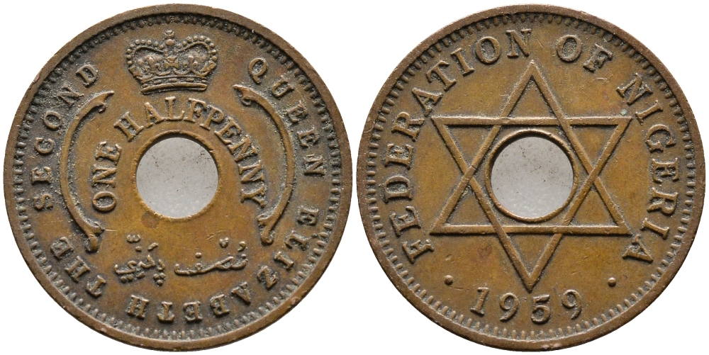 Нигерия 1/2 пенни 1959 Елизавета II (1952-), Британский протекторат KM 1 бронза 4387-248