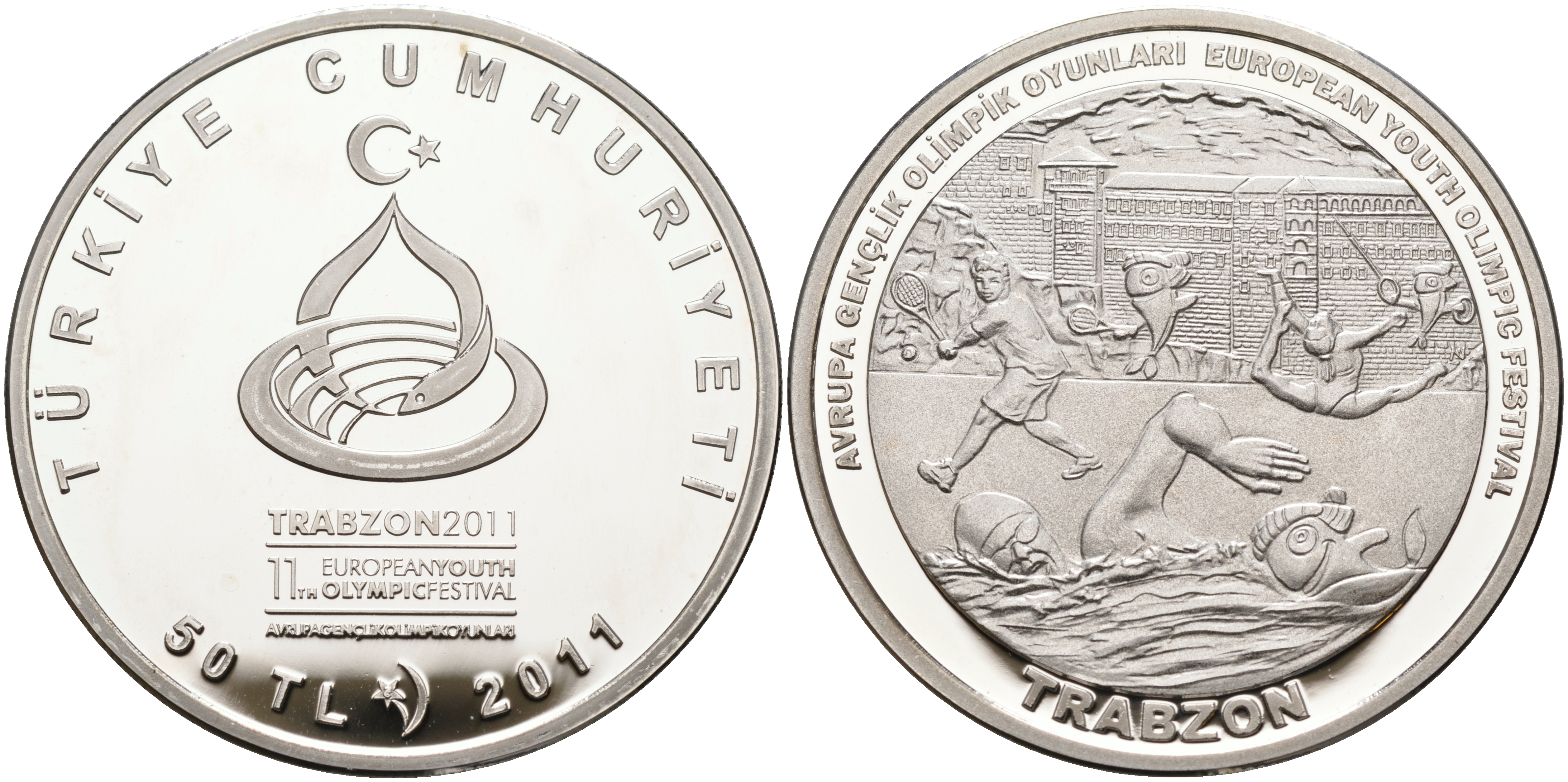 Турция 50 лир 2011 Европейский молодежный олимпийский фестиваль 2011 - Трабзон, плавание серебро PROOF 11-104-41