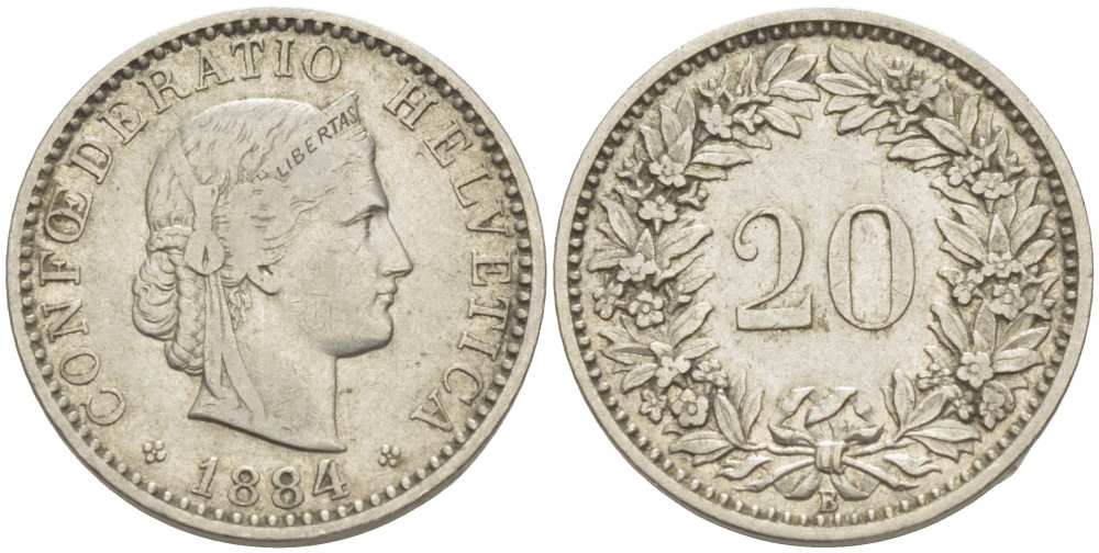 ШВЕЙЦАРИЯ 20 РАППЕНОВ 1884 В KM 29 никель 4513-236