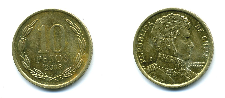 ЧИЛИ 10 ПЕСО 2008 ГЕНЕРАЛ БЕРНАРДО О ХИГГИНС KM 228.2 никель-бронза 37-268