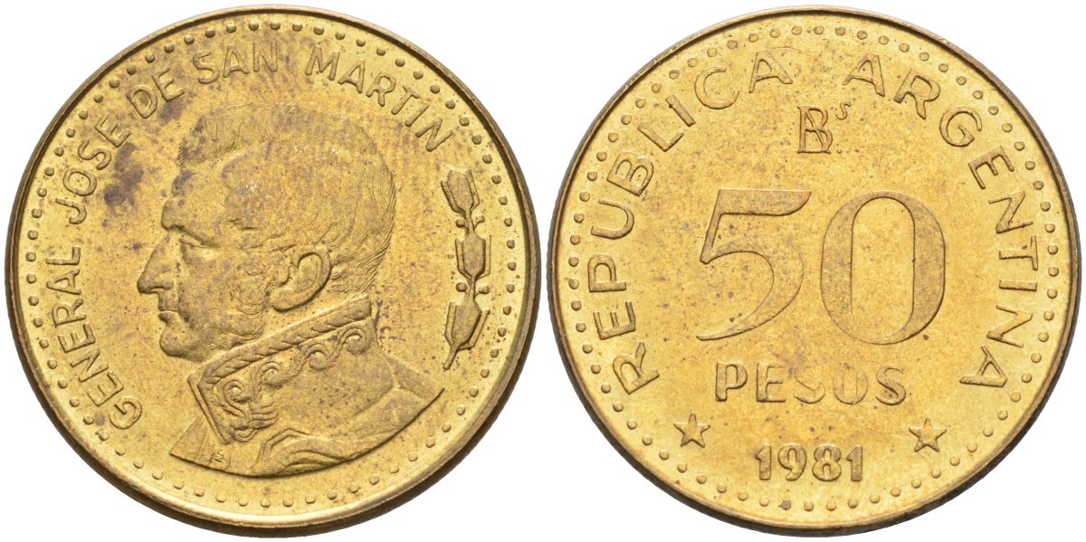 Аргентина 50 песо 1981 генерал Хосе де Сан Мартин KM 83а сталь плакированная латунью 4574-1224