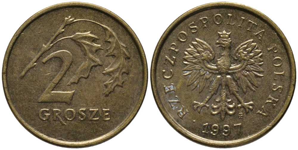 Польша 2 гроша 1997 MW KM 277, Parchimowicz 702d латунь 201-367