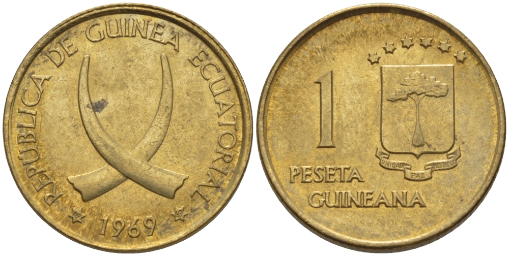 Экваториальная Гвинея 1 песета 1969 республика, диаметр 19,5 мм. KM 1 алюминиевая бронза 66-749