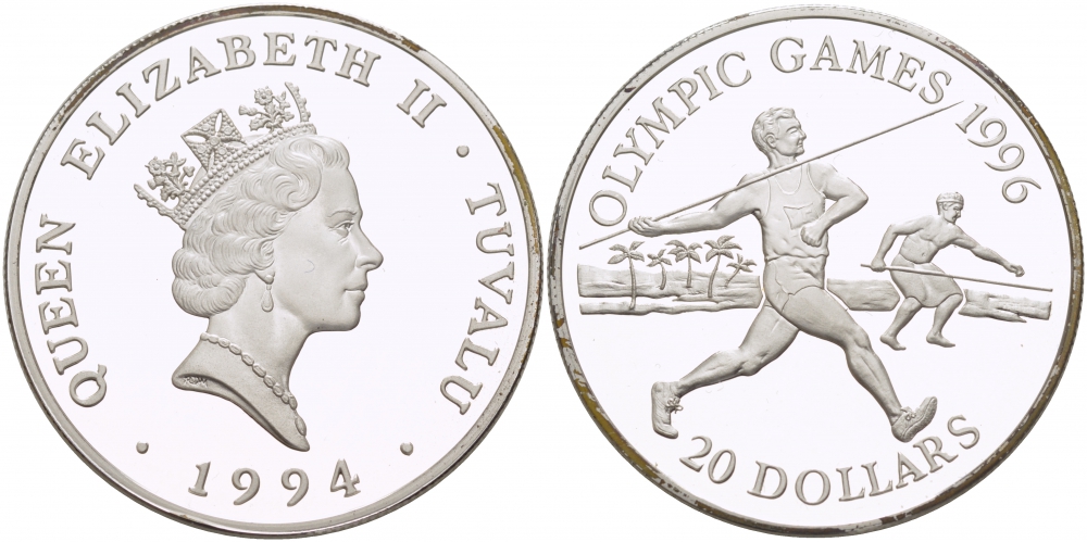 Тувалу 20 долларов 1994 Олимпийские игры 1996 года, копьеметатель KM 25 серебро PROOF 11-240-44