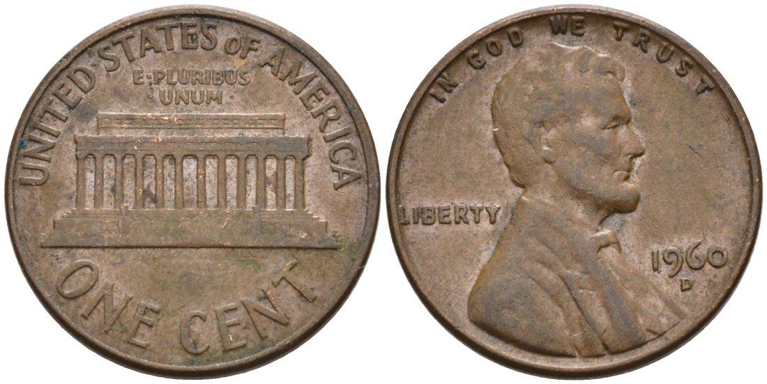 США 1 цент 1960 D, Линкольн KM 201 медь цинк 4564-336