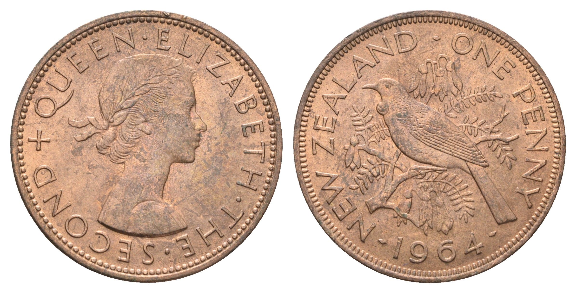 Новая Зеландия 1 пенни 1964 Елизавета II (1952-2022), новозеландский туи KM 24.2 бронза aUNC 4587-1041