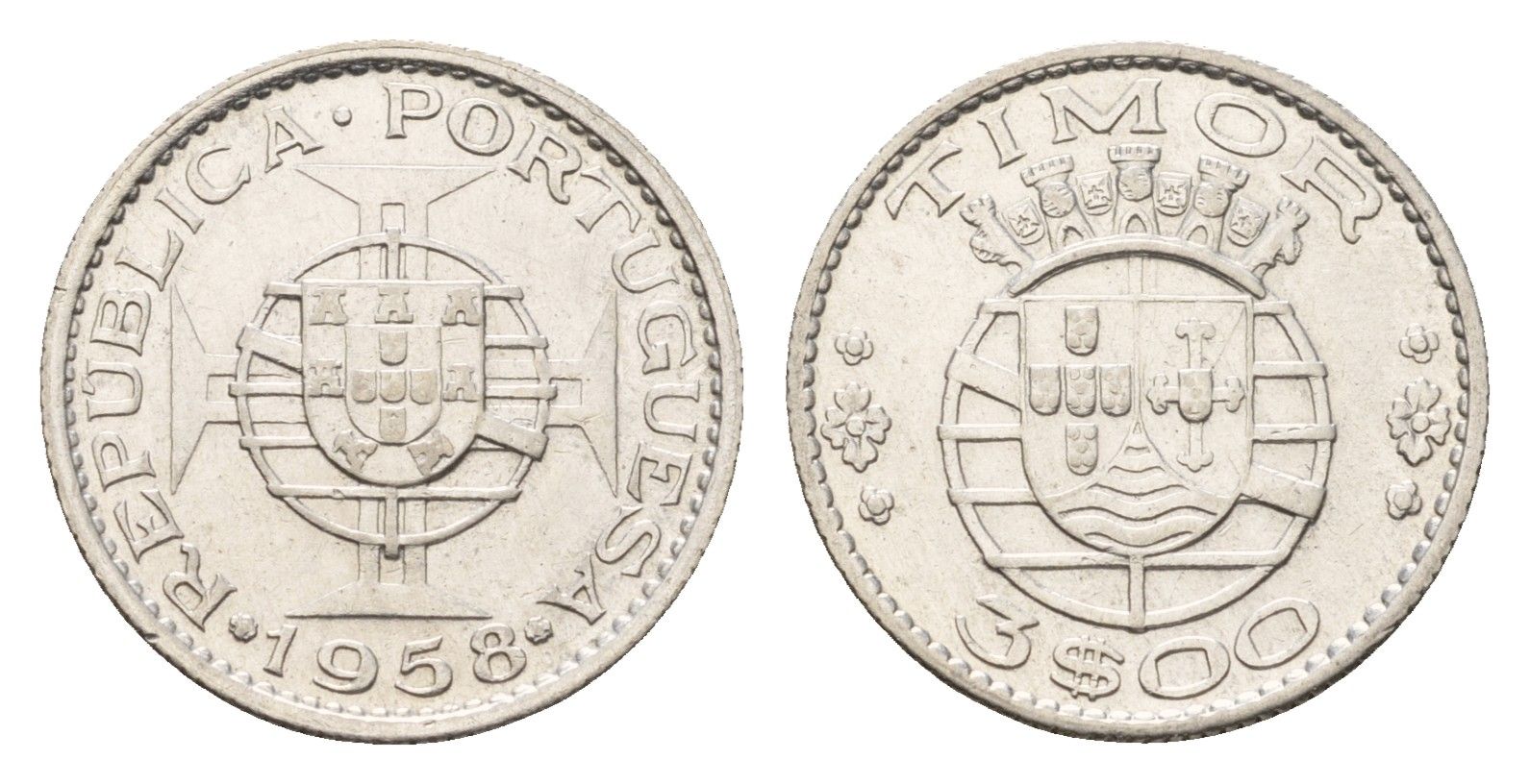 Португальский Тимор 3 эскудо 1958 год-тип KM 14 серебро 4669-759