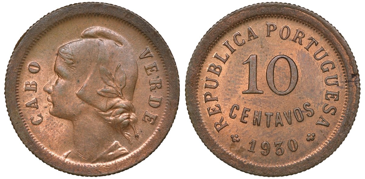 Португальское Кабо-Верде 10 сентаво 1930 KM 2 бронза aUNC 1521-221