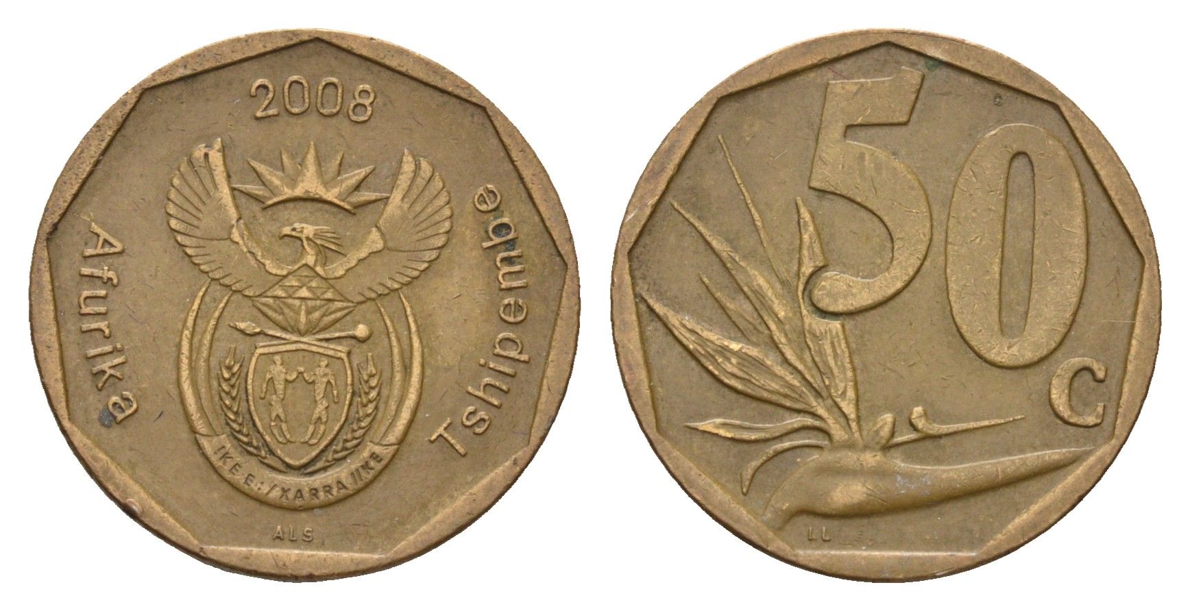 ЮАР 50 центов 2008 Зантедеския Эллиота (калла), герб KM 443 сталь плакированная бронзой 4178-211