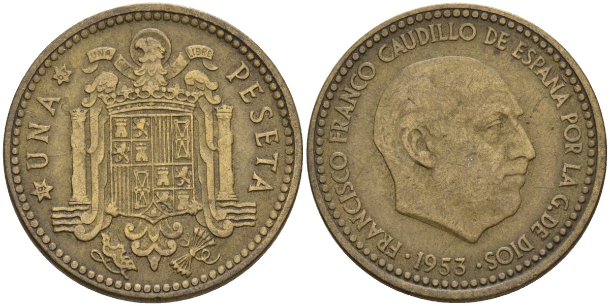 Испания 1 песета 1953 (63) Франсиско Франко (1939-1975) KM 775 алюминиевая бронза 3336-152