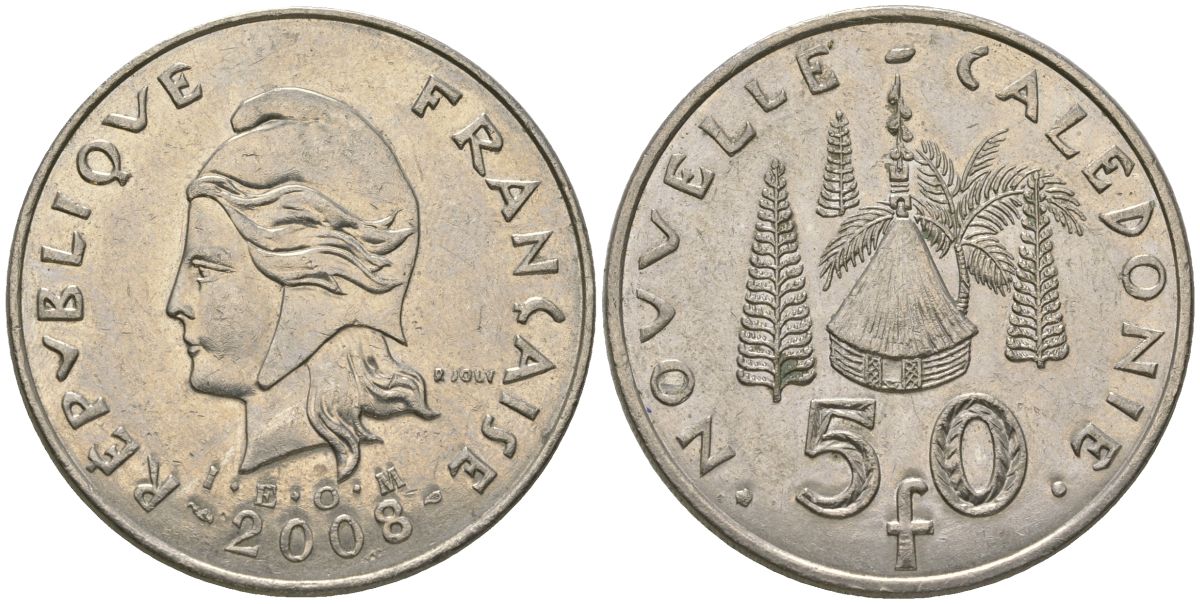 Французская Новая Каледония 50 франков 2008 хижина среди сосен и пальм, (IEOM) KM 13a, Schoen 15a, Lec 128i медно-никель 114-324