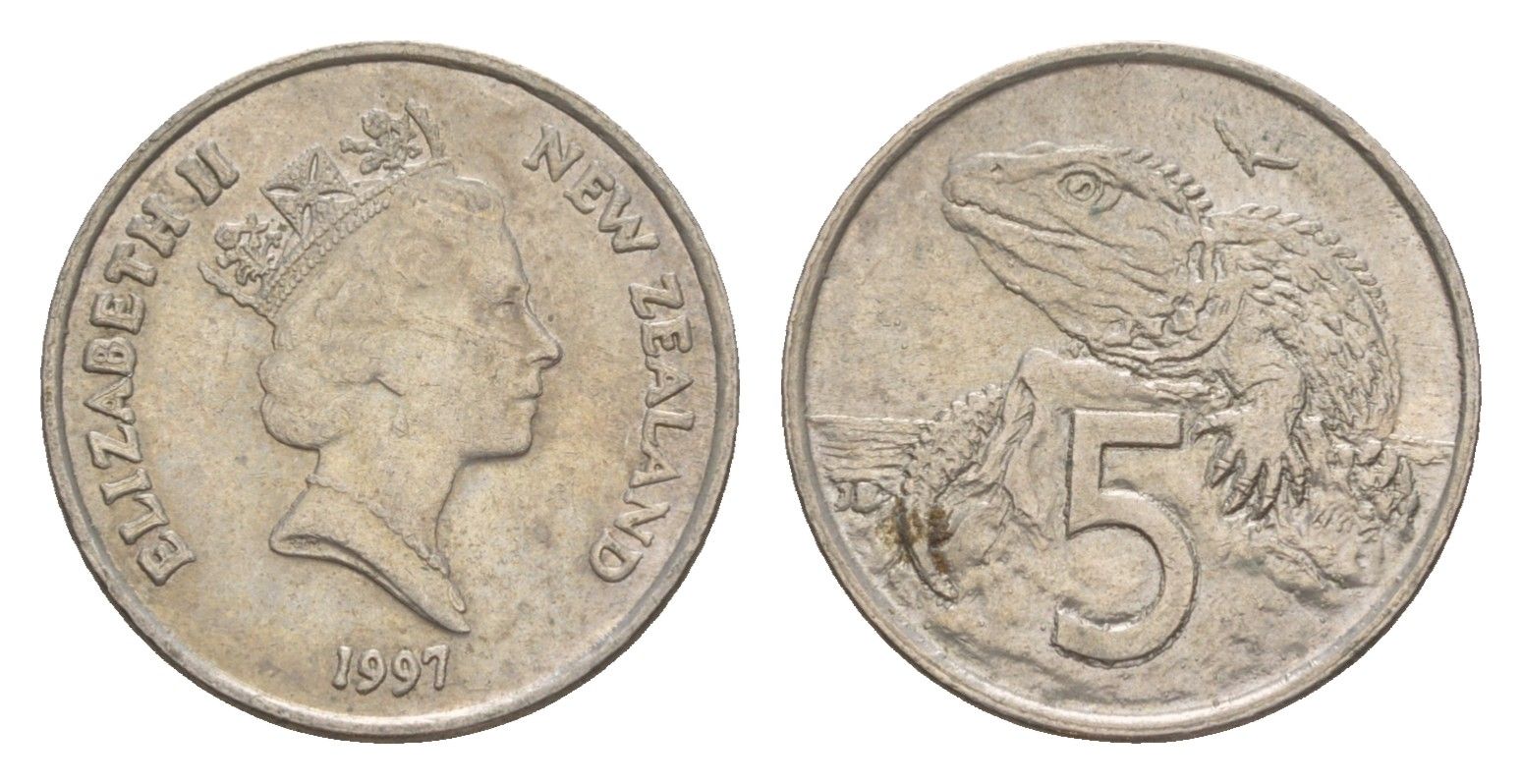 Новая Зеландия 5 центов 1997 Елизавета II (1952-2022), ящерица гаттерия KM 60 медно-никель 4594-1117