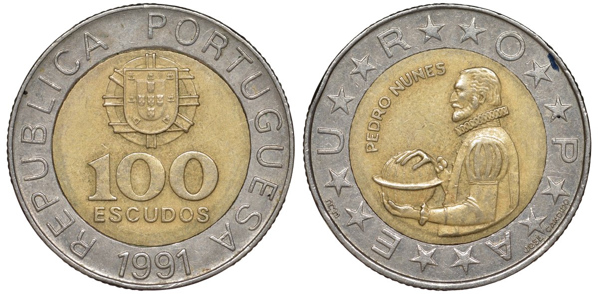 Португалия 100 эскудо 1991 Педру Нуниш (1502-1578), математик KM 645.1 биметалл 51-1843