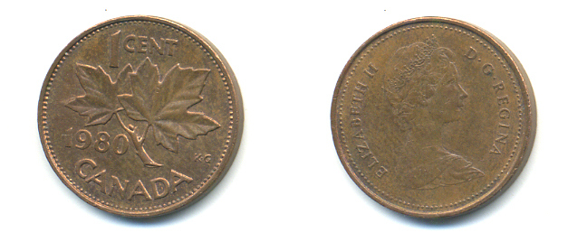 Канада 1 цент 1980 Елизавета II (1952-2022), кленовый лист KM 127 бронза 177-1357