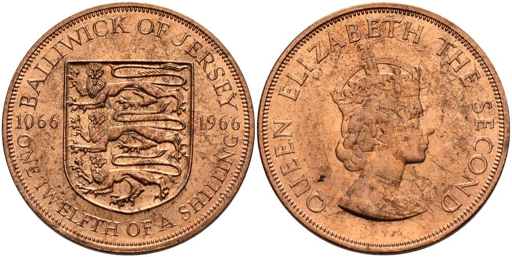 Джерси 1/12 шиллинга 1966 900 лет Нормандскому завоеванию KM 26 бронза UNC 4512-325