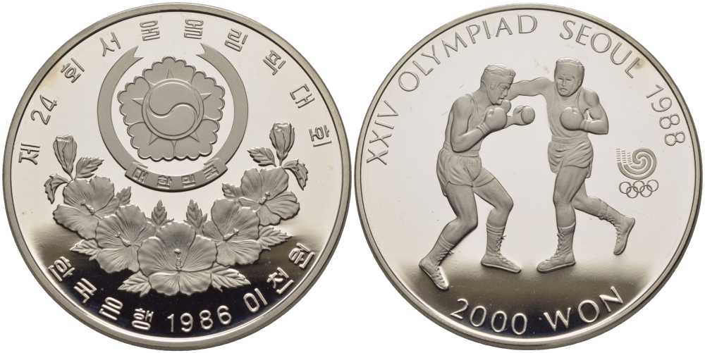 ЮЖНАЯ КОРЕЯ 2000 ВОН 1986 XXIV ОЛИМПИЙСКИЕ ИГРЫ В СЕУЛЕ 1988 ГОДА, БОКС, ТИРАЖ 140000 ЭКЗ. KM 50 никель PROOF 1076-10-44