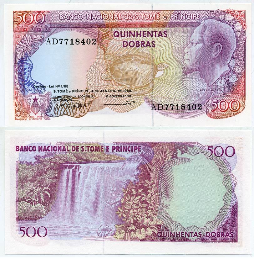 Сан-Томе и Принсипи 500 добра 1989 Король Рей Амадор, водопад Pick 61 бумага UNC (пресс) 00-00
