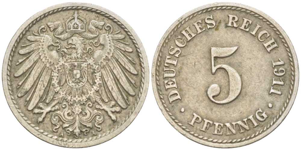 Германия 5 пфеннигов 1911 A KM 11, J. 12, Weege 6 медно-никель 206-1228