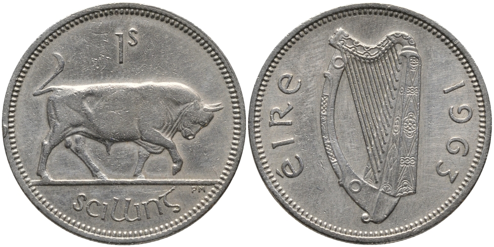 ИРЛАНДИЯ 1 ШИЛЛИНГ 1963 БЫК KM 14а медно-никель 89-544