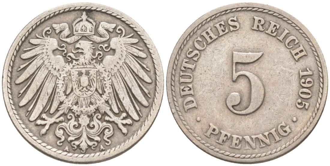 ГЕРМАНИЯ 5 ПФЕННИГОВ 1905 A, KM 11, J. 12 медно-никель 73-1761