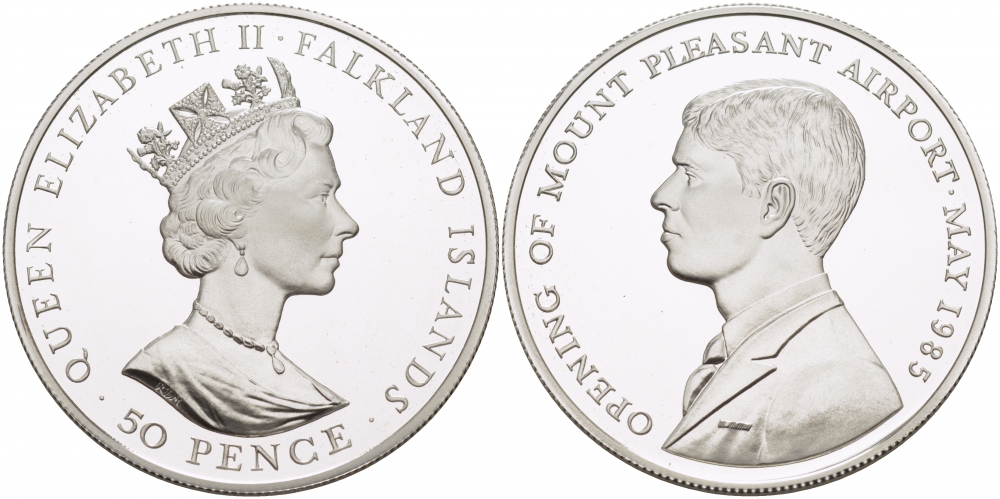 Фолклендские острова 50 пенсов 1985 открытие аэропорта Маунт-Плезант принцем Эндрю KM 21а серебро  PROOF  1068-2-31
