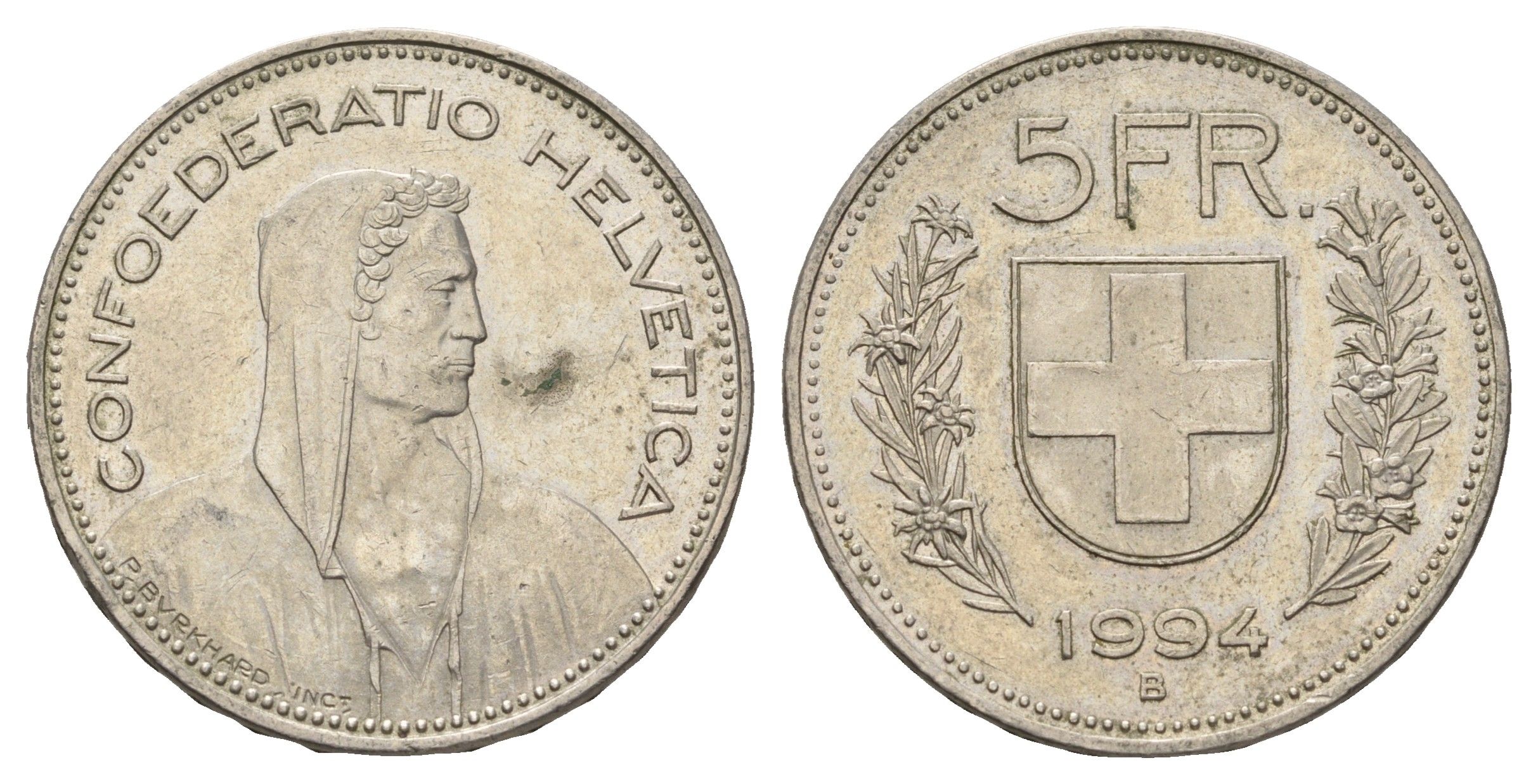 Швейцария 5 франков 1994 B KM 40a.4 медно-никель 4536-1136