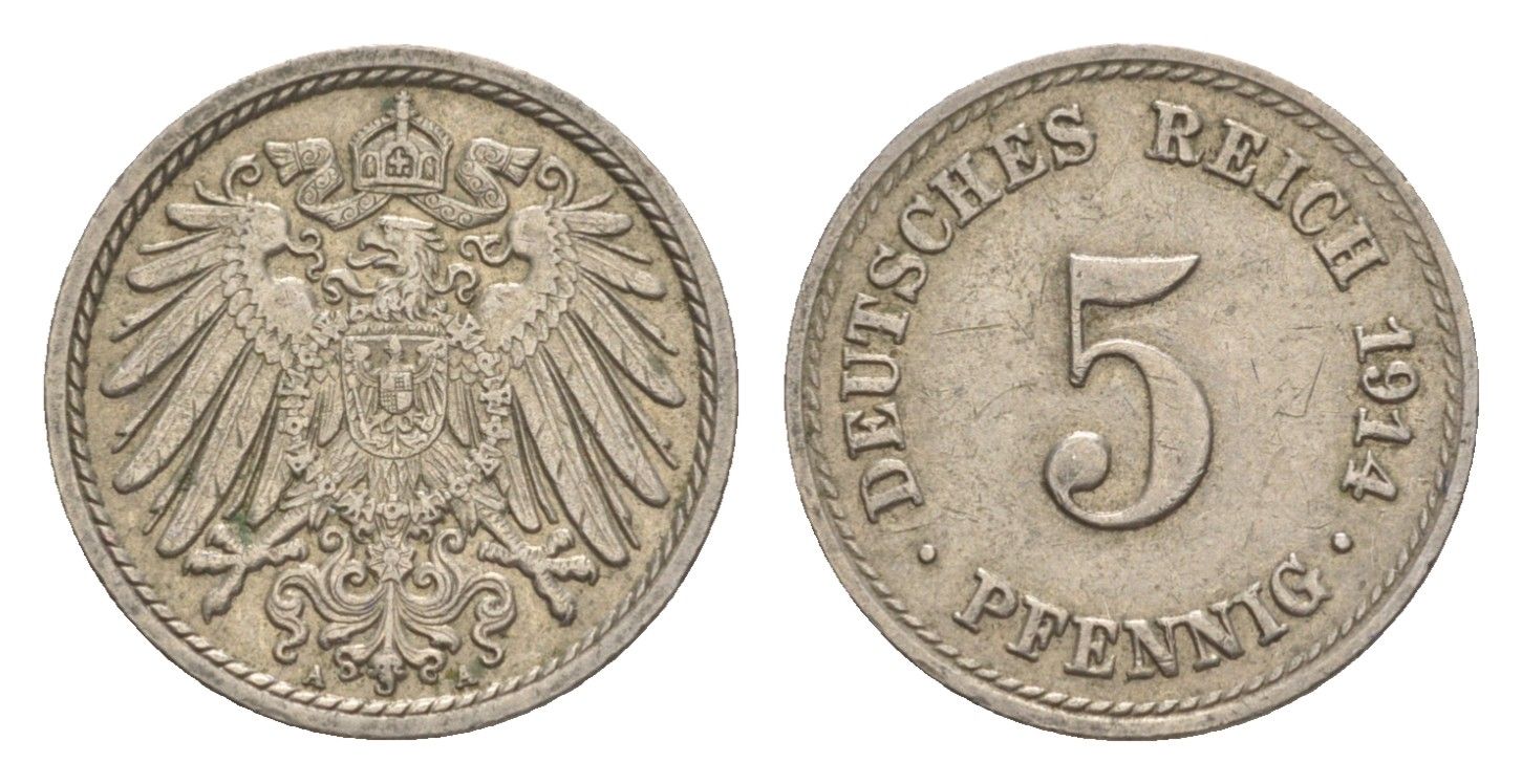 Германия 5 пфеннигов 1914 A, Вильгельм II (1888-1918) KM 11, J. 12 медно-никель 4640-151