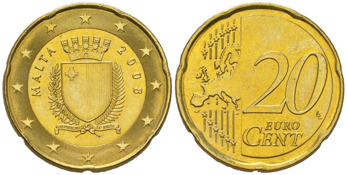 Мальта 20 евроцентов 2008 F KM 129 нордик UNC 4551-644