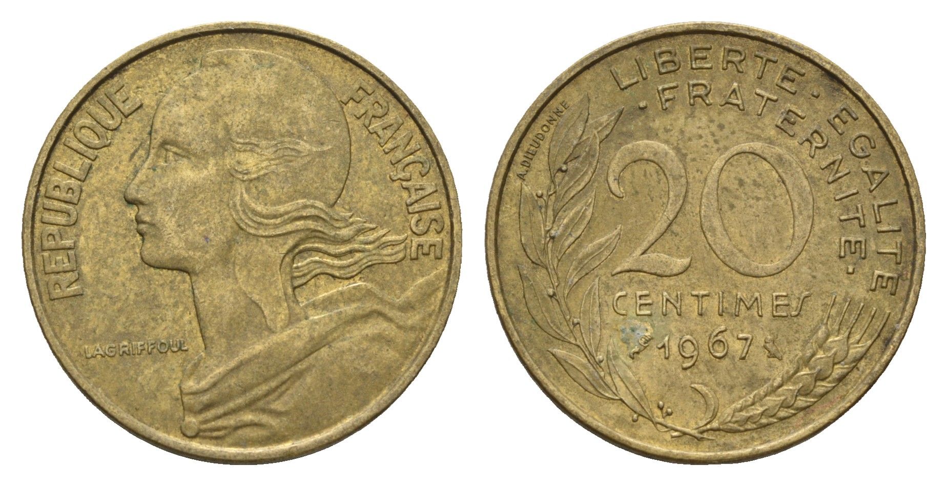 Франция 20 сантимов 1967 KM 930 алюминиевая бронза 3336-921