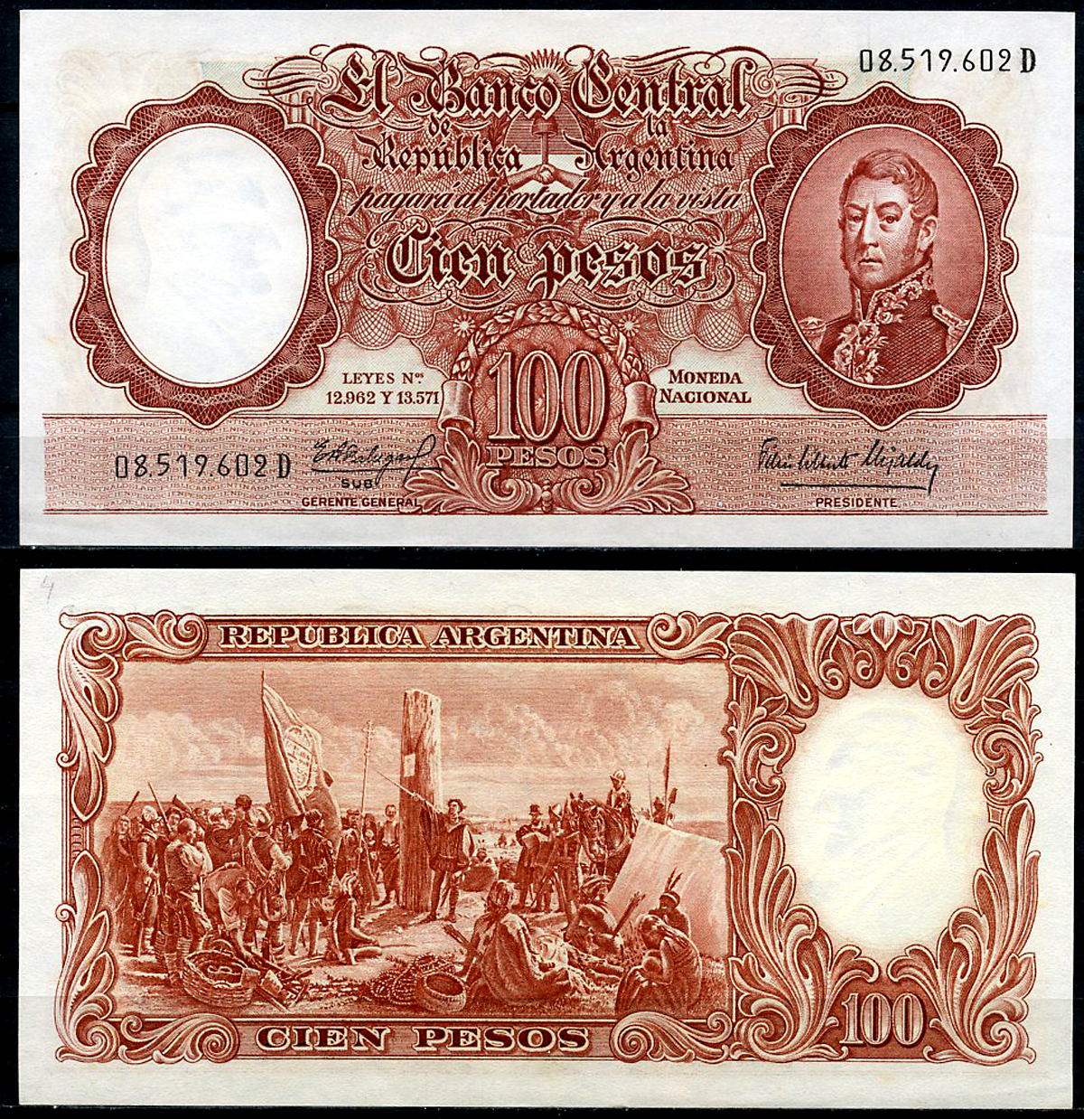 Аргентина 100 песо ND (1954-1968) Генерал Сан Мартин, картина "Основание Буэнос-Айреса" Pick 272 (7)  бумага  UNC (пресс) 444-132-2-2