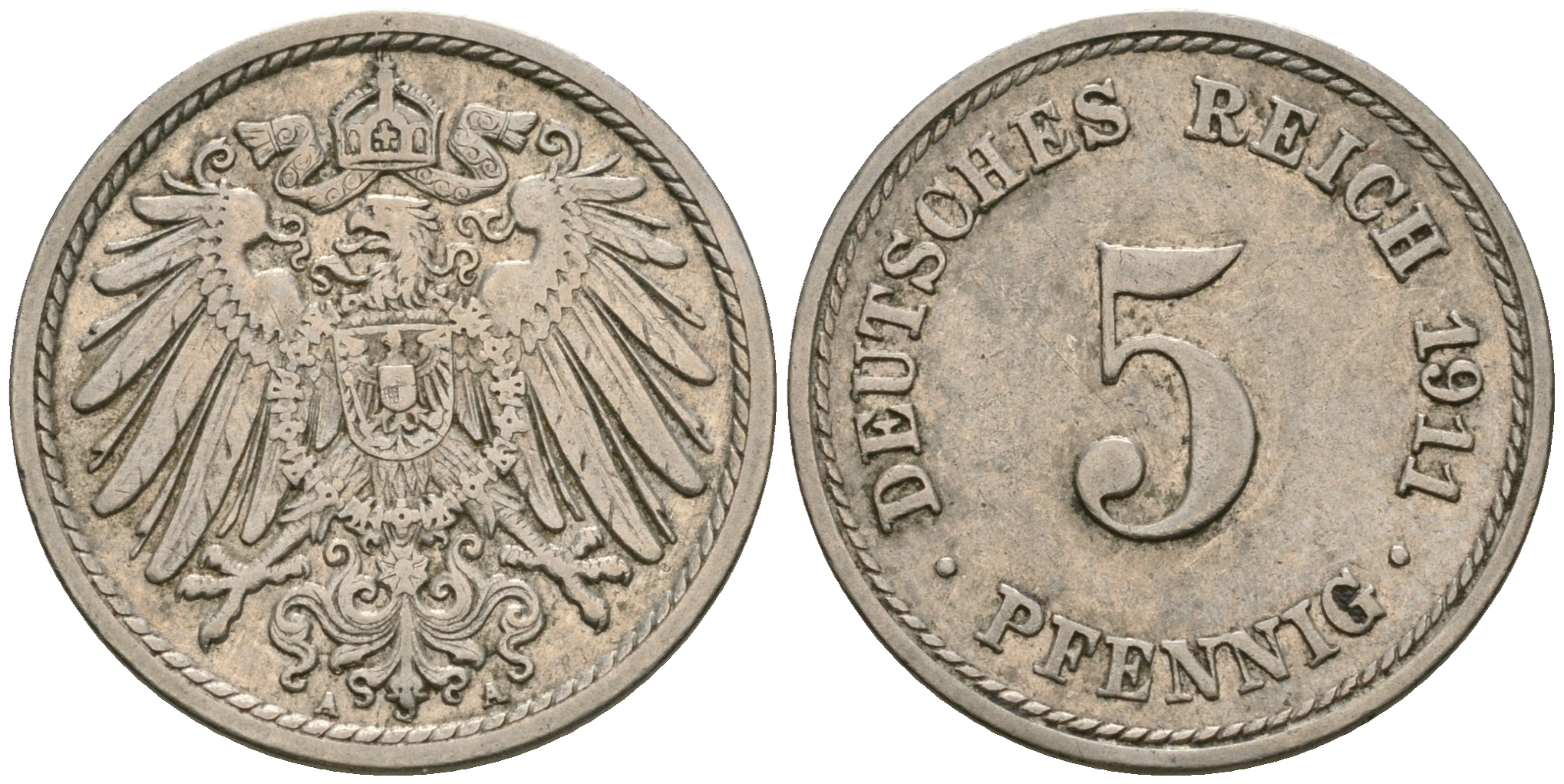 Германия 5 пфеннигов 1911 A KM 11, J. 12, Weege 6 медно-никель 4608-944