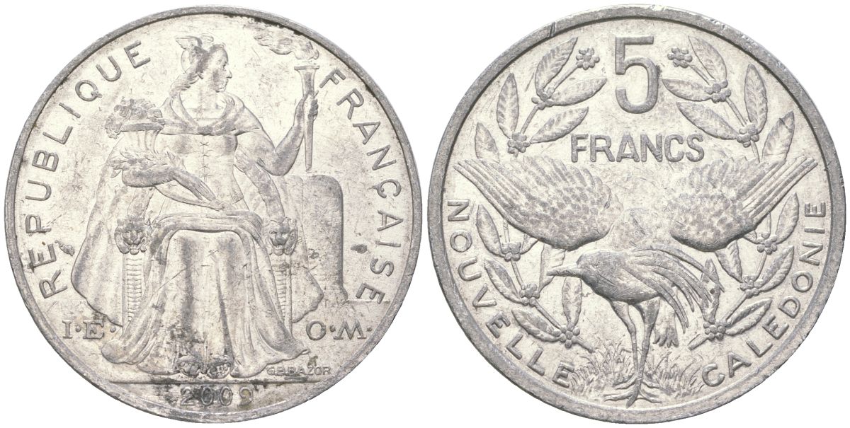 Французская Новая Каледония 5 франков 2009 птица кагу, (IEOM) KM 16, Schoen 12, Lec 81k алюминий 221-835