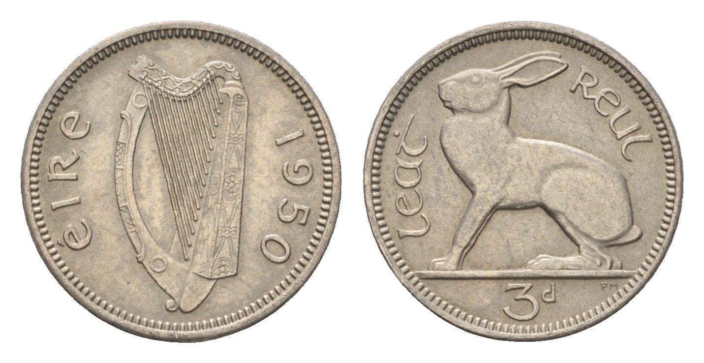 Ирландия 3 пенса 1950 заяц KM 12a медно-никель 4690-317