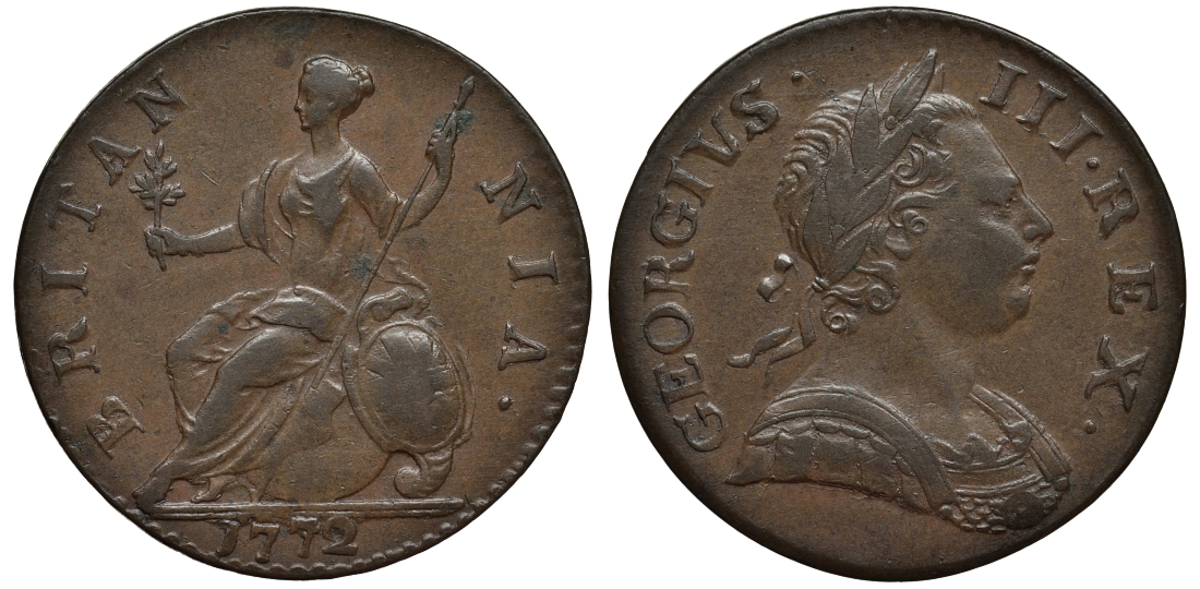 Великобритания 1/2 пенни 1772 Георг III (1760-1820) Spink 3774 медь 1523-932