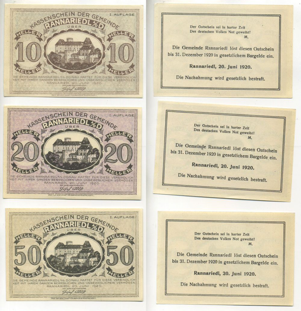 Австрия, Rannarield an der Donau набор из 3 банкнот 1920 20 июня 1920, нотгельд, 10, 20, 50 геллеров, первый выпуск   бумага   7555-14-1-2