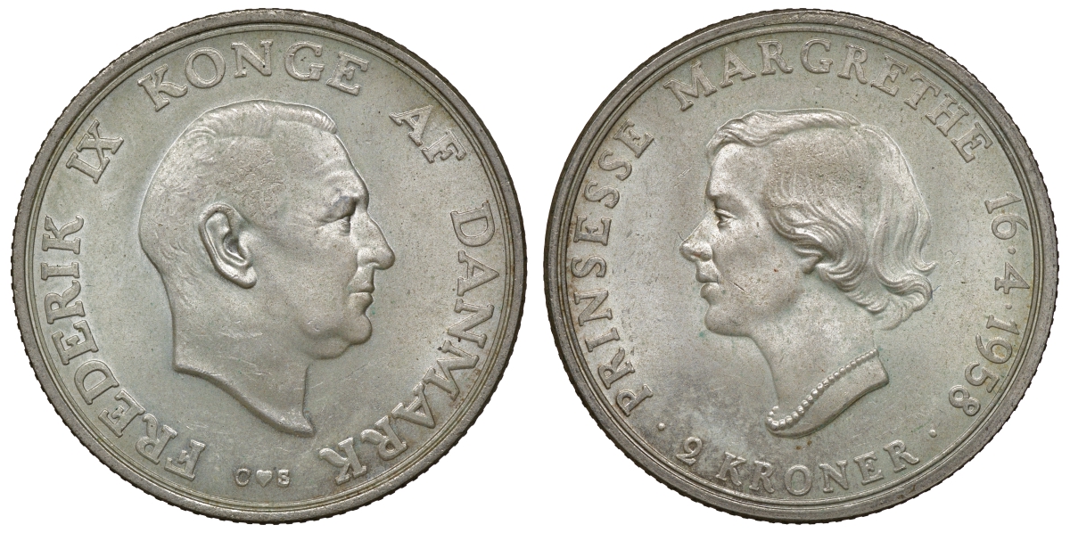 Дания 2 кроны 1958 18 летие принцессы Маргрете, Фредерик IX KM 845 серебро aUNC 4112-114