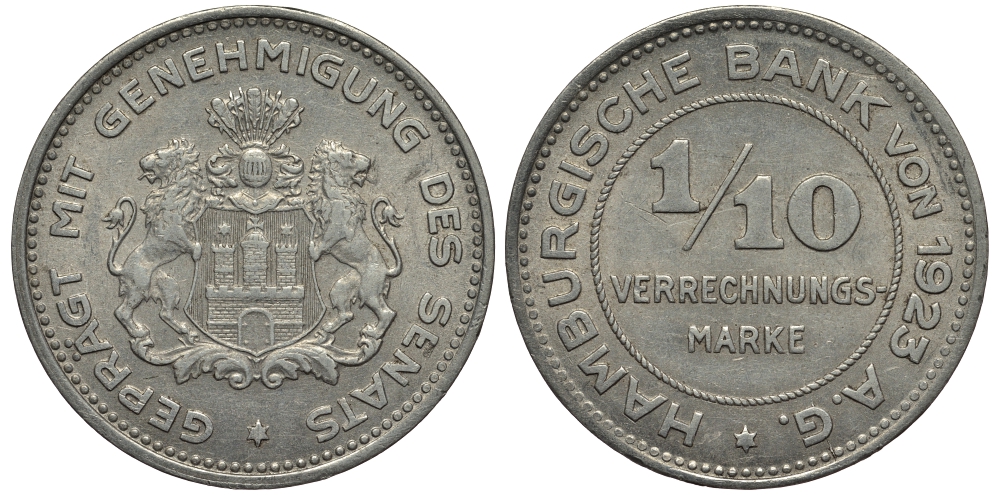 ГАМБУРГ 1/10 МАРКИ 1923 НОТГЕЛЬД алюминий 413-4815