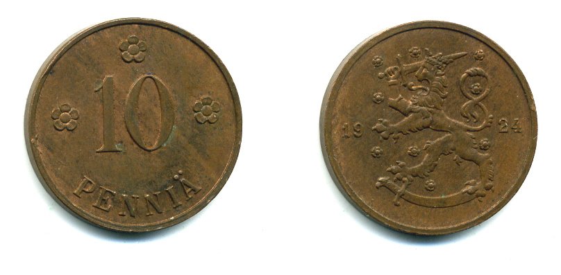 Финляндия 10 пенни 1924 республика (1918-1962) KM 24 медь 46-2627