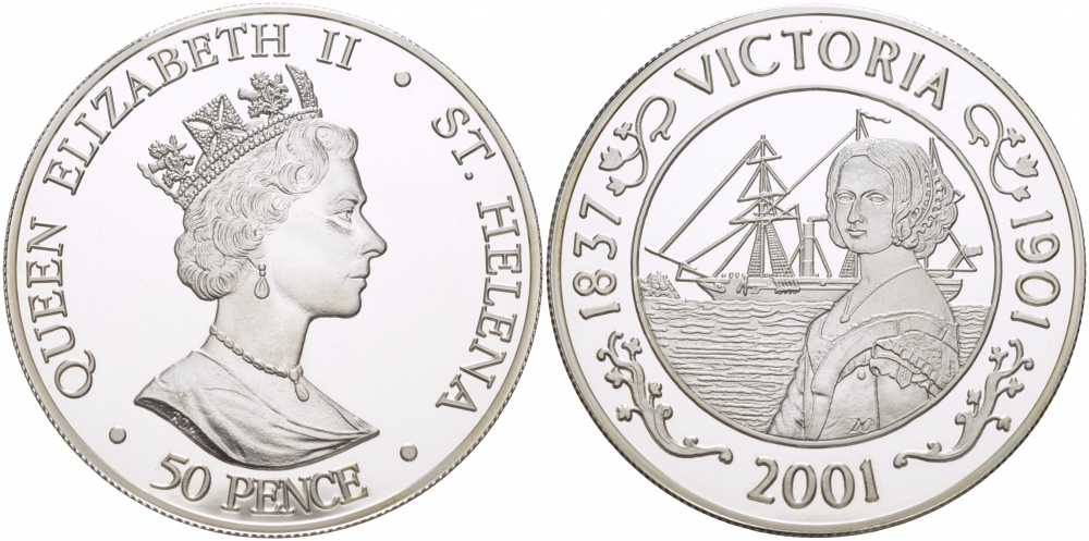 Остров Святой Елены 50 пенсов 2001 100 лет со дня смерти Королевы Виктории (1837-1901), тираж 10000 экз. KM 20a серебро PROOF 11-178-23