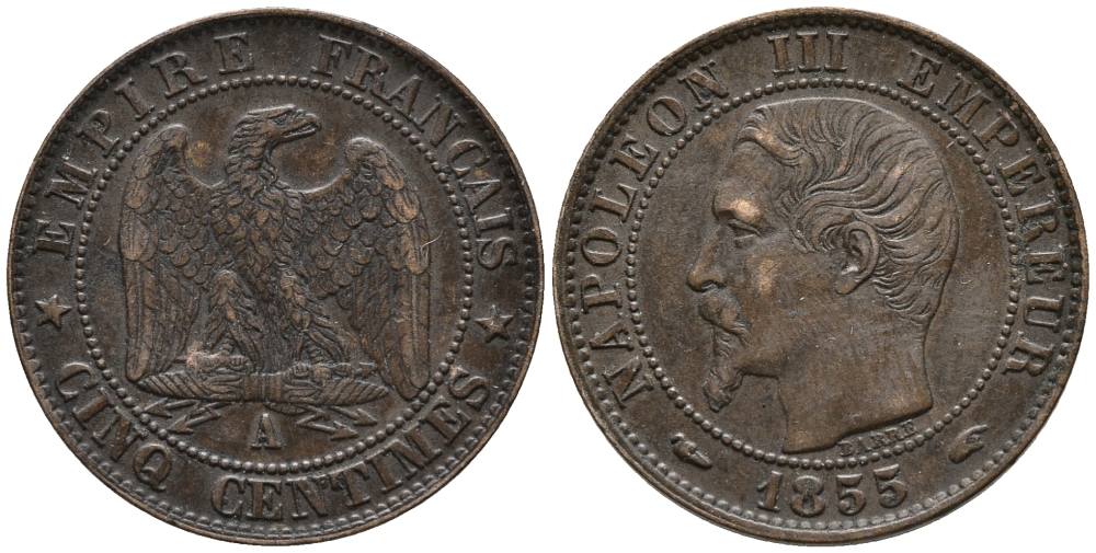 ФРАНЦИЯ 5 САНТИМОВ 1855 А, НАПОЛЕОН III (1852-1870) KM 777.1, LA FRANC 116.16 бронза 34-1211