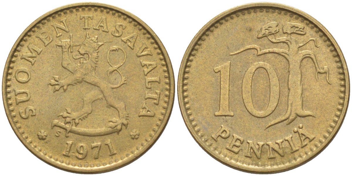 Финляндия 10 пенни 1971 S KM 46 алюминиевая бронза 219-1151