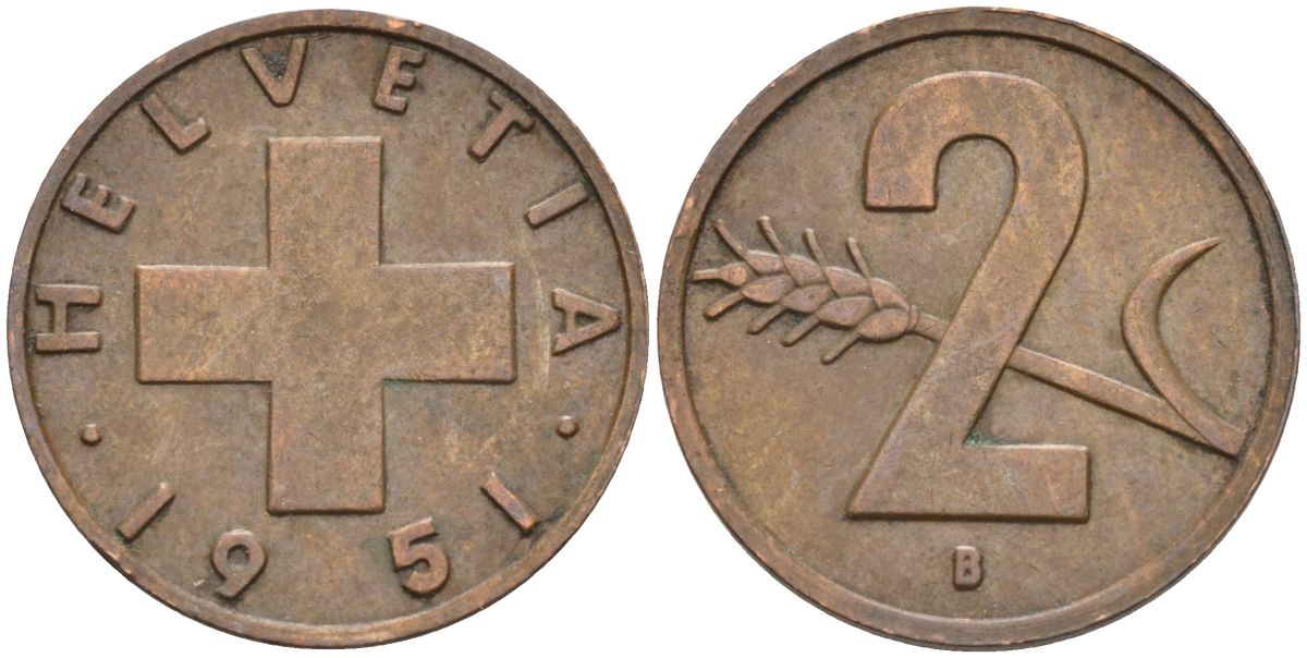 Швейцария 2 раппена 1951 В KM 47 бронза 4114-1145