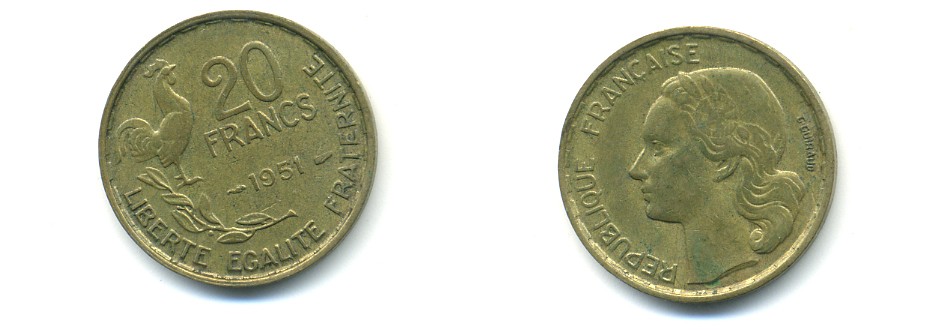 ФРАНЦИЯ 20 ФРАНКОВ 1951 ПЕТУХ, 4 ПЕРА KM 917.1, LE FRANC 402.7 алюминивая бронза 80-655