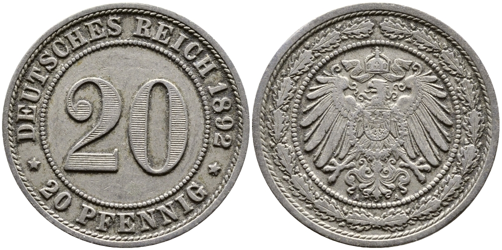 ГЕРМАНИЯ 20 ПФЕННИГОВ 1892 А KM 13 медно-никель 89-1656