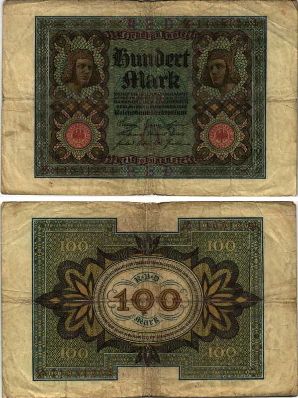 Германия 100 марок 1920 Бамбергский всадник, 8 цифр в номере Pick 69 b, Розенберг 69b бумага 7219-15-1