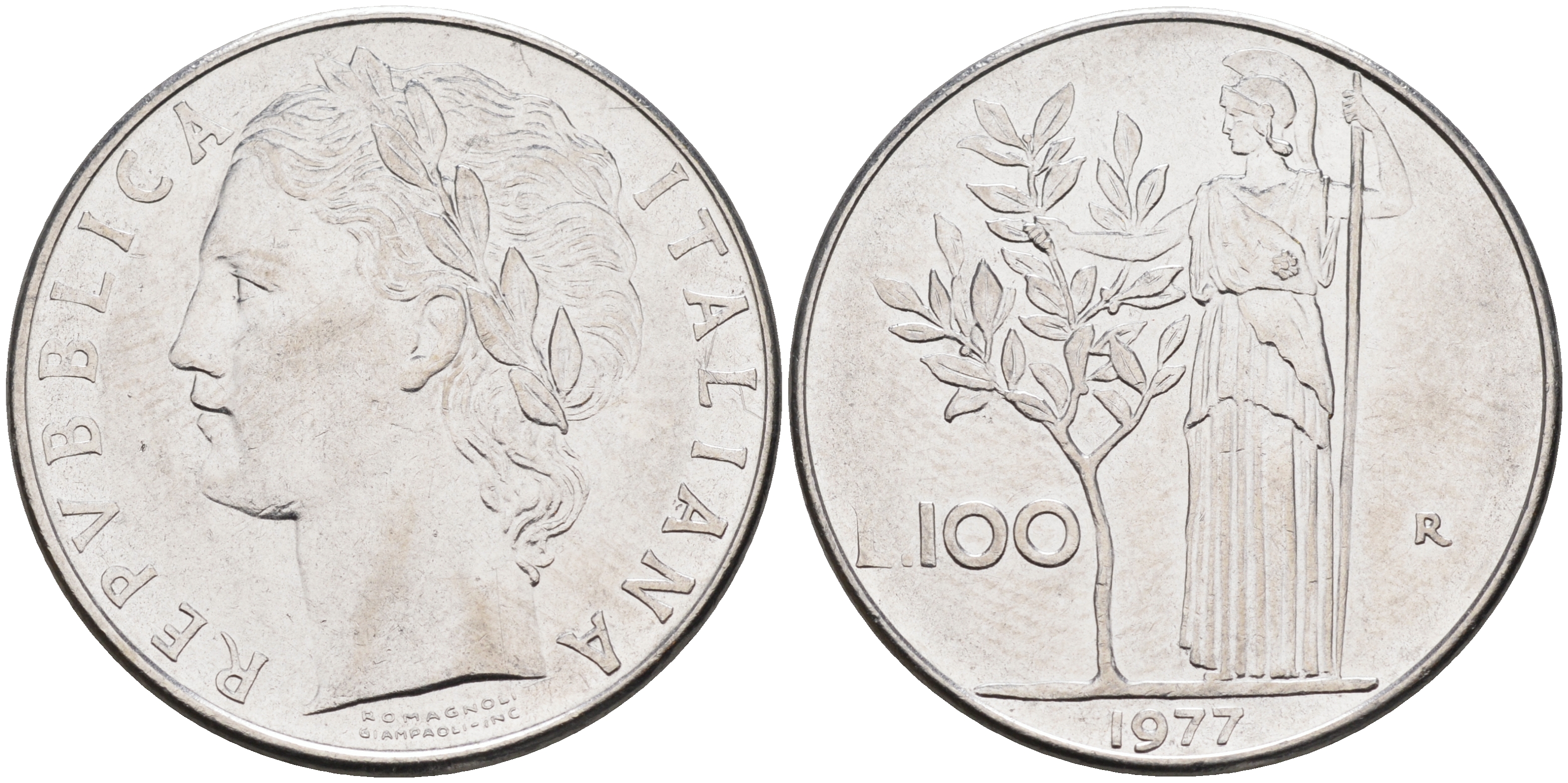 Италия 100 лир 1977 R, Афина KM 96.1 нержавеющая сталь 4117-335