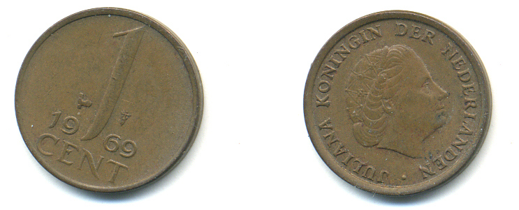 НИДЕРЛАНДЫ 1 ЦЕНТ 1969 ЮЛИАНА KM 180 бронза 83-941