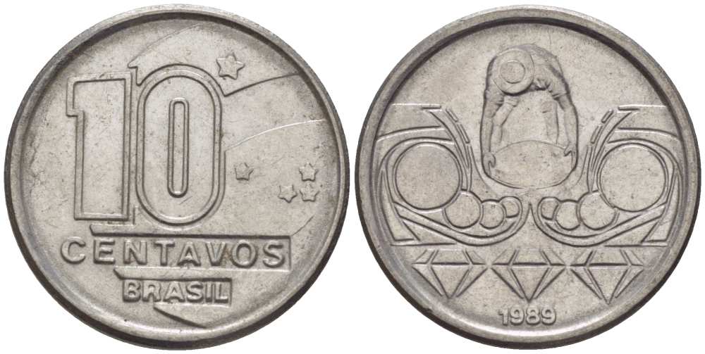 Бразилия 10 сентаво 1989 золотодобыча KM 613 нержавеющая сталь 116-1255
