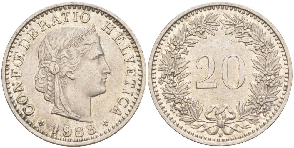 ШВЕЙЦАРИЯ 20 РАППЕНОВ 1988 В KM 29a медно-никель 55-1027