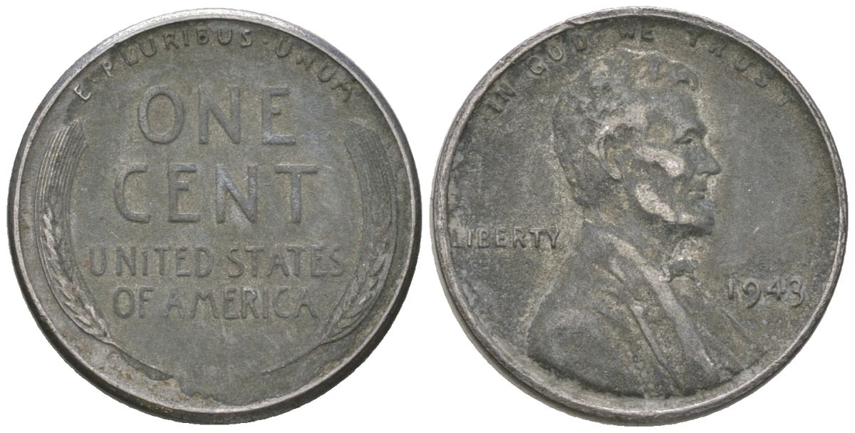 США 1 цент 1943 Авраам Линкольн KM 132 a сталь покрытая цинком 214-617